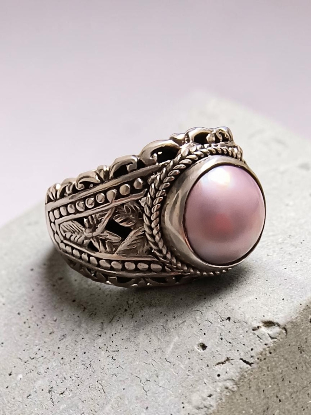 Sarda Bali Sterling Silver Pink Mabe Pearl Artisan Ring